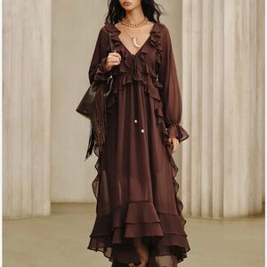 Elegant Brown Ruffle Dress
